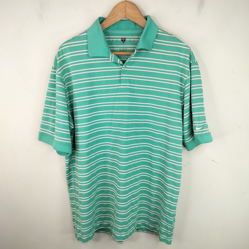 Nike Golf Polo Shirt Mens Large Striped Short Sleeve Performance Athletic Green